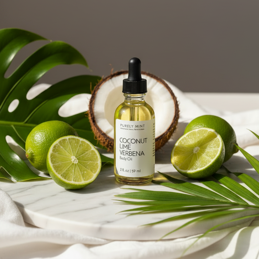 A bottle of Purely Mint Coconut Lime Verbena body oil styled on a white marble tray with fresh limes, a halved coconut, and green leaves against a neutral gray background.