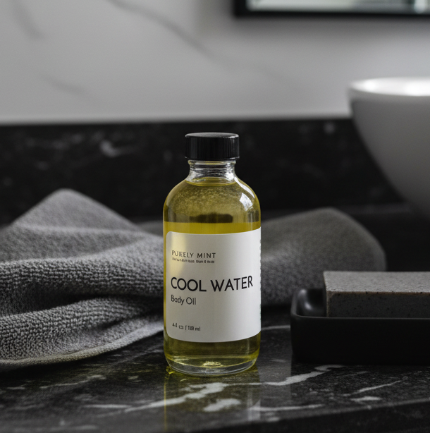 A bottle of 'COOL WATER' body oil by Purely Mint on a black marble bathroom counter next to a folded gray towel and a dark soap dish with a bar of soap, with a white sink and mirror in the background.