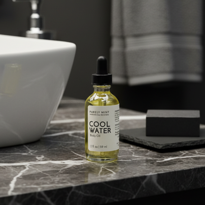 A 2 fl oz glass dropper bottle of Purely Mint Cool Water Body Oil, filled with pale yellow oil, standing on a dark marble counter, with a white sink and a soap dish with a black soap on it and a gray towel in the background.