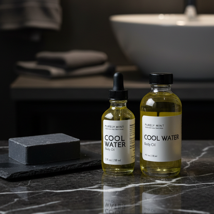 Two small bottles of Cool Water Body Oil and a dark gray soap bar on a black marble surface in a bathroom setting with a sink and towel blurred in the background.