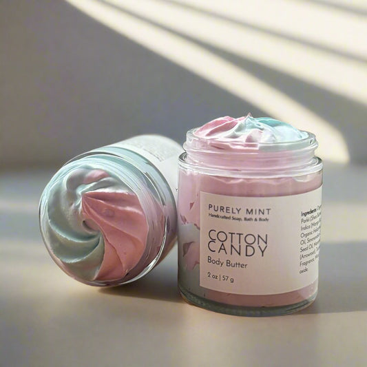 Cotton Candy Pink and Blue Body Butter, clear glass jar, white label, advertising style shot, soft sun shadow, empty penthouse, scandinavian minimalism, neutral warm, detailed