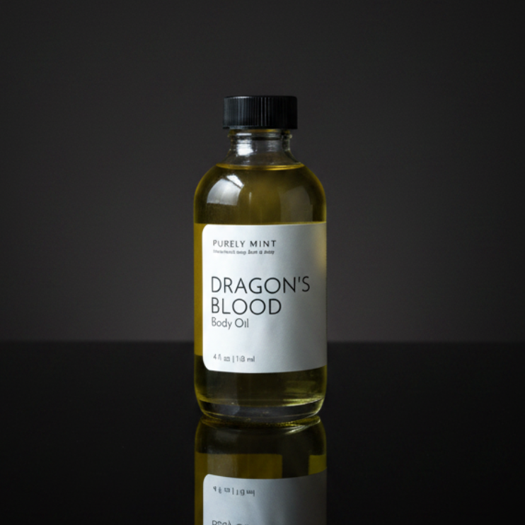 A bottle of Dragon's Blood body oil by Purely Mint, featuring a clear glass bottle filled with golden-yellow oil, a white label, and a black cap, set against a dark reflective background.