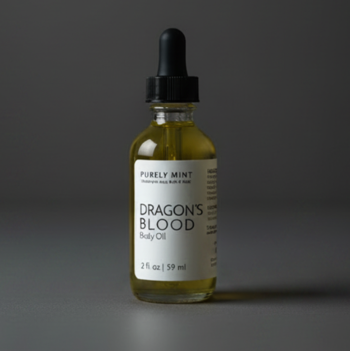 A small glass dropper bottle labeled 'Dragon's Blood' by Purely Mint filled with a yellow-body oil, set against a dark gray background.