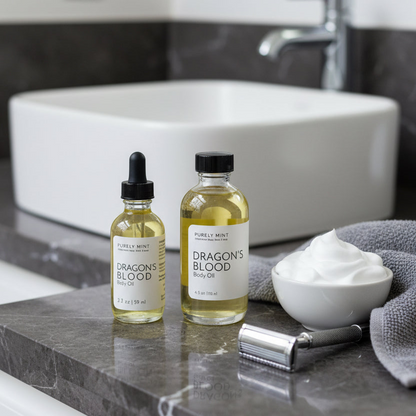 Two bottles of Purely Mint Dragon's Blood Body Oil displayed on a dark marble countertop next to a white bowl of whipped cream, a gray towel, and a metal razor, with a white sink and chrome faucet in the background.