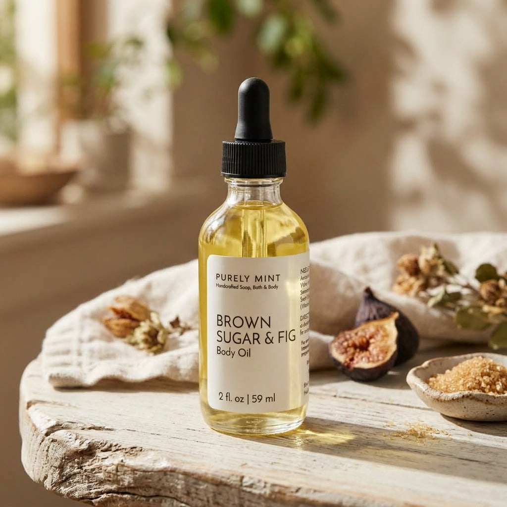 A 2 fl oz glass dropper bottle of Purely Mint Brown Sugar & Fig Body Oil, set on a rustic wooden table with dried figs, sugar, and linen in a warm, sunlit setting.