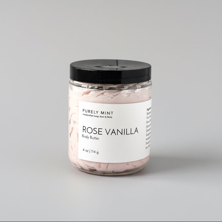 Jar of rose vanilla body butter on  a commercial photography packshot, light gray seamless backdrop, neutral lighting