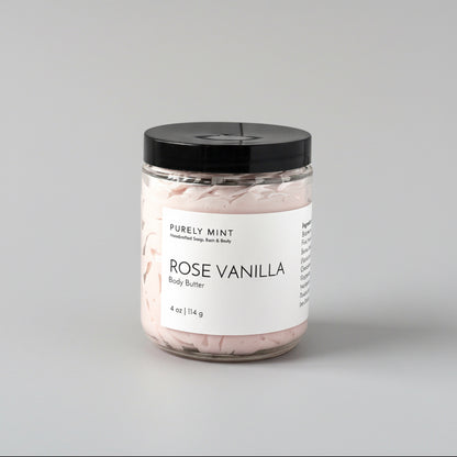 Jar of rose vanilla body butter on  a commercial photography packshot, light gray seamless backdrop, neutral lighting