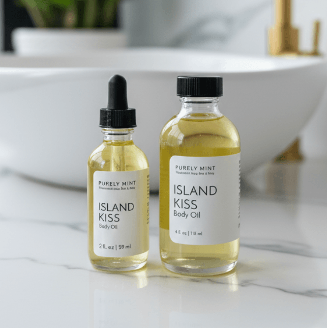 Two glass bottles of Purely Mint Island Kiss Body Oil standing on a white marble surface with a blurred white sink and gold faucet in the background. One bottle is a smaller dropper bottle and the other is a larger bottle with a black cap.