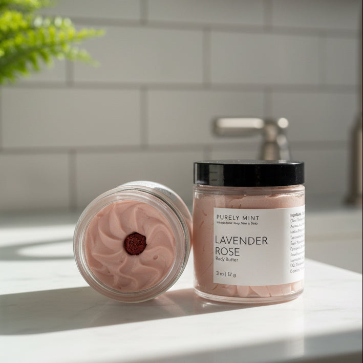 Two jars of 'Lavender Rose' body scrub on a modern bathroom, white marble counter, green plant. 