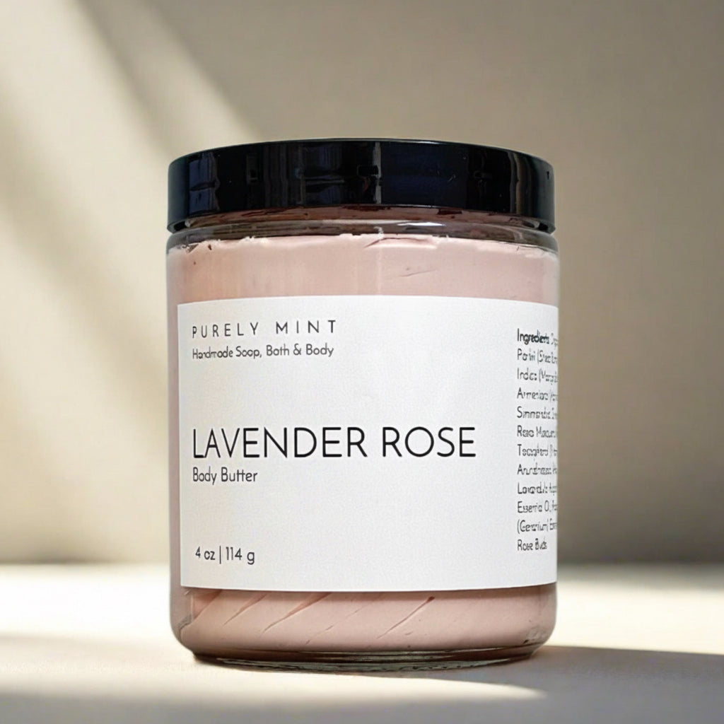 Lavender Rose Body butter on a light gray seamless backdrop.