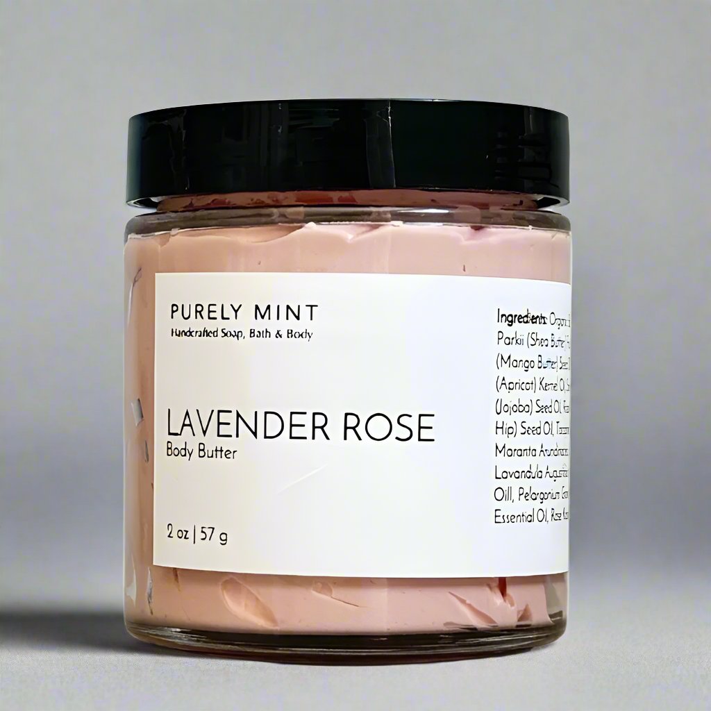 2 oz pink body butter, white label, black top, commercial photography packshot, light gray seamless backdrop, neutral lighting