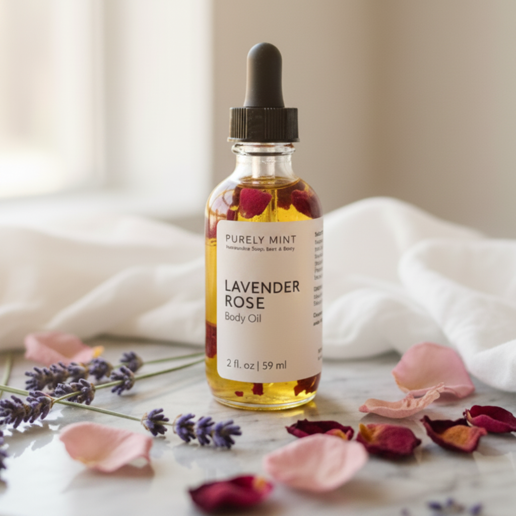 A 2 oz bottle of Purely Mint Lavender Rose Natural Body Oil sits on a marble tray surrounded by lavender sprigs, pink rose petals, and white draped fabric in a softly lit setting.