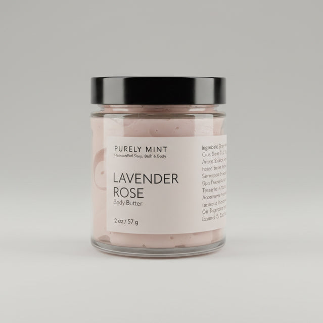 Jar of Lavender Rose body butter on a light grey seamless backdrop.