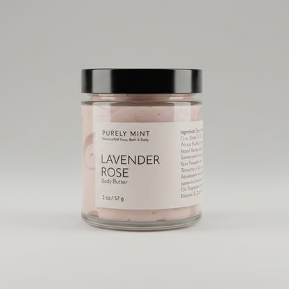 Jar of Lavender Rose body butter on a light grey seamless backdrop.