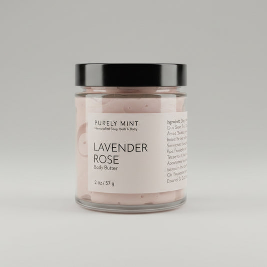 Jar of Lavender Rose body butter on a light grey seamless backdrop.