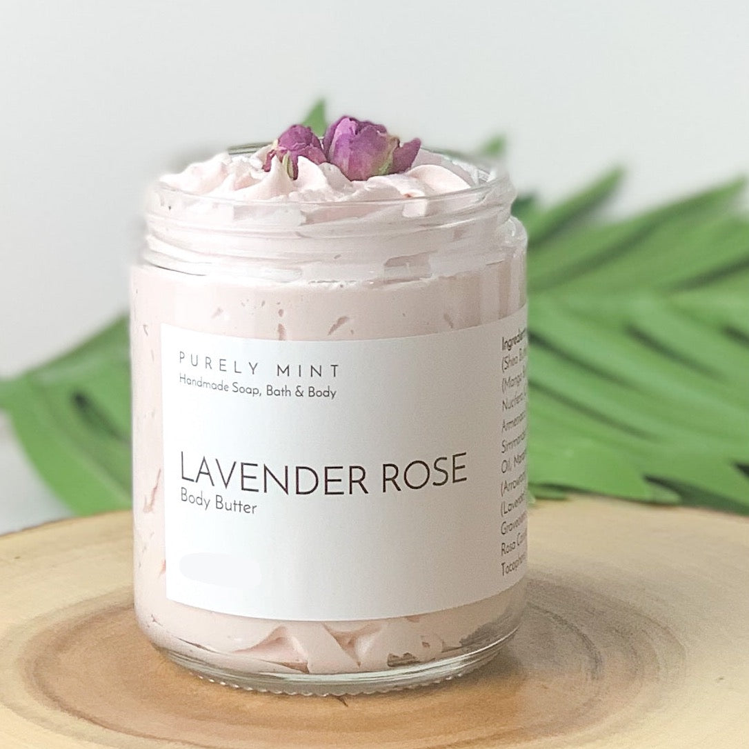 pink body butter with rose on top in a modern bathroom, marble, luxury, spa, plants, commercial advertising photography