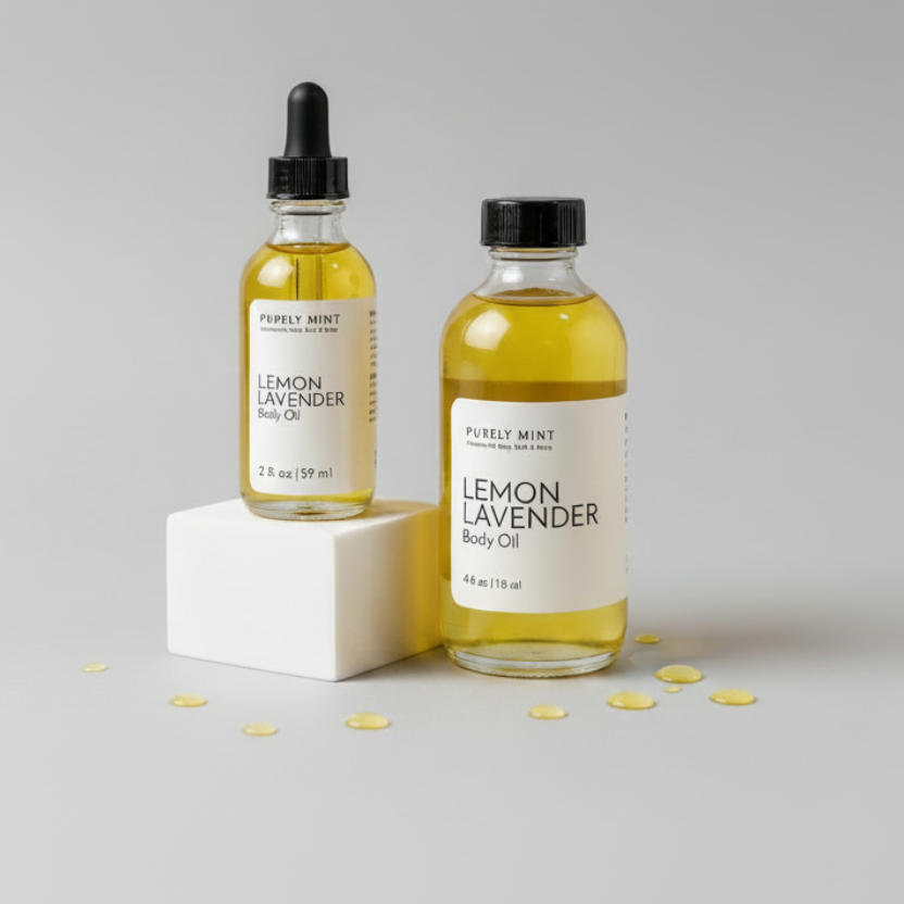 Two bottles of Purely Mint Lemon Lavender Body Oil on a light gray background, with one bottle on a white pedestal and the other standing beside it. The bottles contain a golden yellow oil and have white labels with black text.