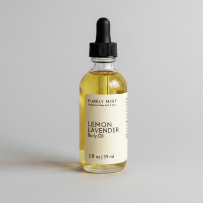 A small glass dropper bottle of Purely Mint Lemon Lavender Bio Oil with a black dropper cap and a white label, set against a solid light gray background.