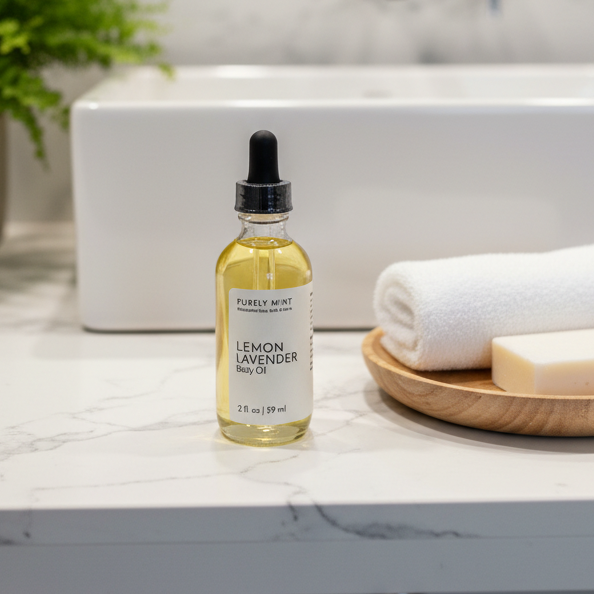 A bottle of Lemon Lavender Body Oil sits on a white marble bathroom counter next to a  tray with a rolled white towel and soap, set infront of a white sink.