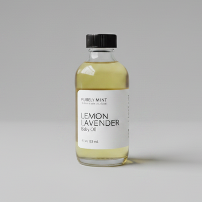A 4 oz glass bottle of Purely Mint Lemon Lavender Daily Oil with a black cap and white label, standing on a light gray surface against a neutral gray background.