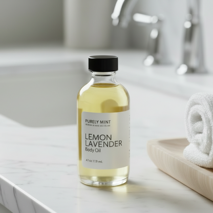 A 4 oz bottle of Purely Mint Lemon Lavender Body Oil stands on a white marble bathroom counter next to a wooden soap dish with a folded white towel and bar of soap, with a blurred modern bathroom sink in the background.
