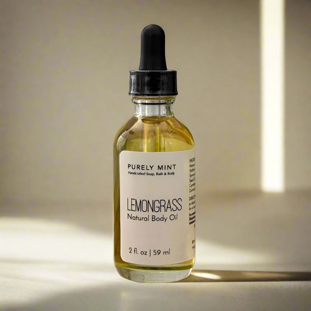 2 oz Lemongrass Body oil in a clear glass bottle with dropper top, advertising style shot, soft sun shadow, empty penthouse, scandinavian minimalism, neutral warm, detailed