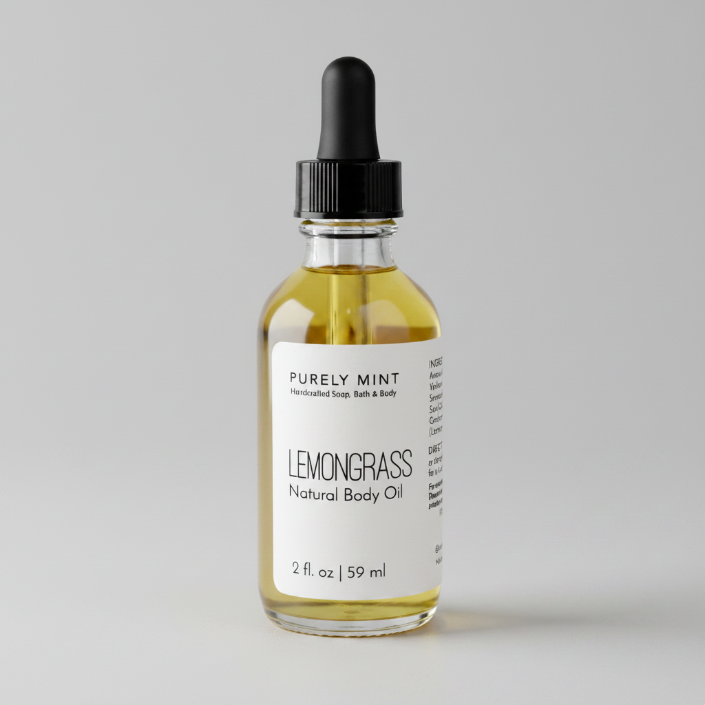 2 oz Lemongrass Natural Body Oil, in clear glass bottle with dropper top on a light gray backdrop.