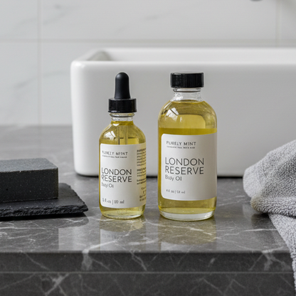 Two bottles of London Reserve Body Oil with yellow liquid, displayed on a dark marble bathroom counter next to a gray towel and soap bar.