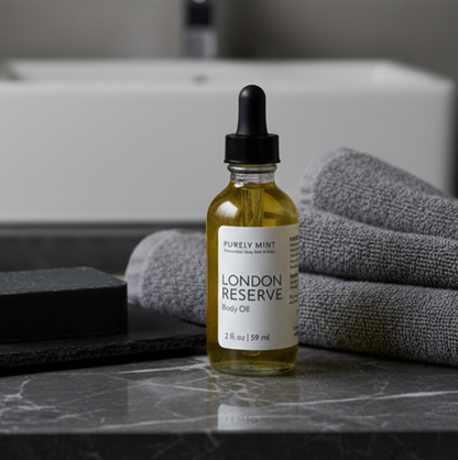 A bottle of Purely Mint London Reserve Body Oil with a black dropper cap, set on a dark marble countertop with folded gray towels and a soap bar in the background.