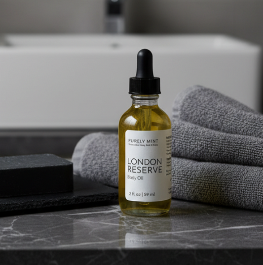 A bottle of Purely Mint London Reserve Body Oil with a black dropper cap, set on a dark marble countertop with folded gray towels and a soap bar in the background.