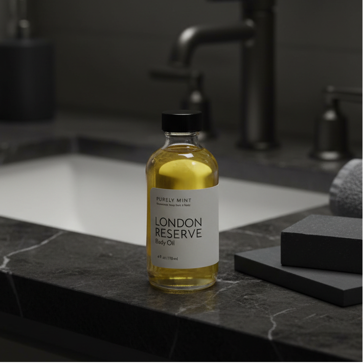 A bottle of London Reserve body Oil stands on a dark marble bathroom counter beside a folded gray towel, soap bar, and dark fixtures in the background.