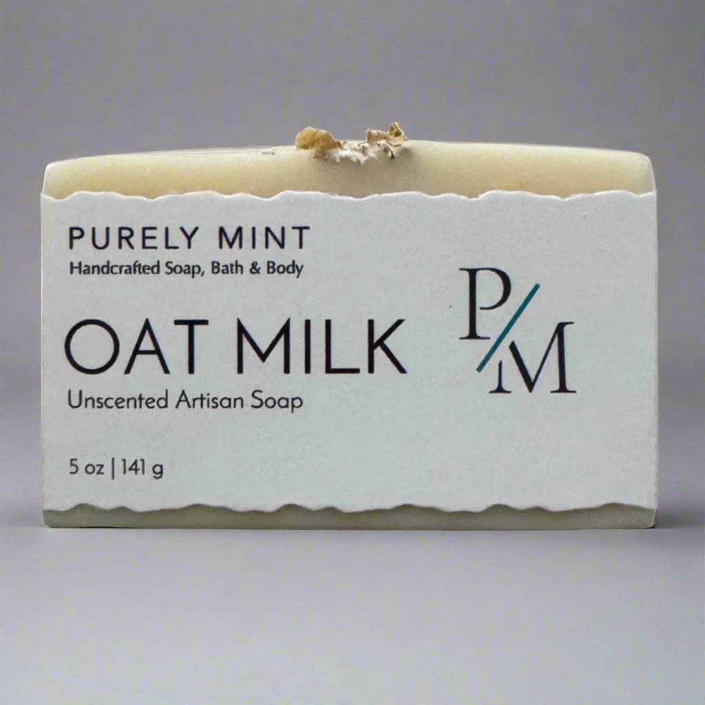 Oat Milk Unscented Soap bar from Purely Mint, handcrafted with nourishing plant oils for sensitive skin.