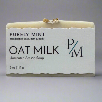Oat Milk Unscented Soap bar from Purely Mint, handcrafted with nourishing plant oils for sensitive skin.