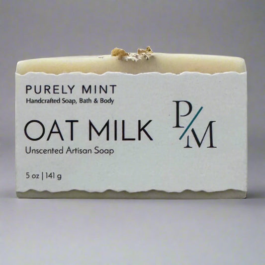 Oat Milk Unscented Soap bar from Purely Mint, handcrafted with nourishing plant oils for sensitive skin.