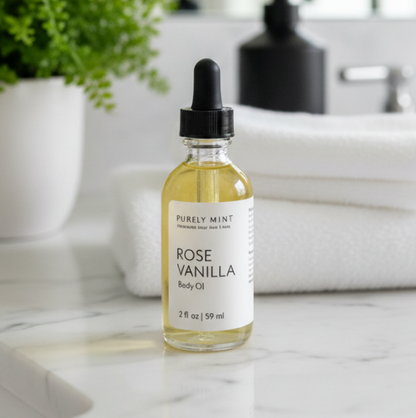 A bottle of Rose Vanilla Body Oil with a black dropper cap, set on a white marble bathroom counter with folded white towels, a potted plant, and a sink in the background.