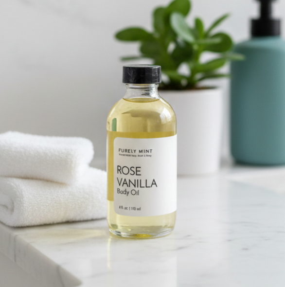 A bottle of Purely Mint Rose Vanilla Body Oil stands on a white marble surface next to folded white towels, with a blurred green plant and a teal bottle in the background.