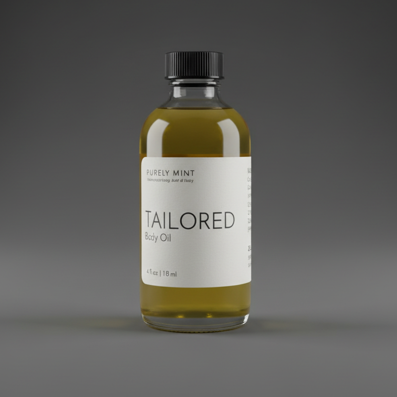 A bottle of Purely Mint Tailored Body Oil stands on a dark gray seamless backdrop.