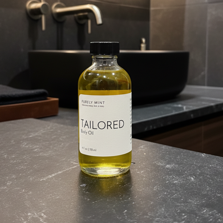 A bottle of Purely Mint Tailored Body Oil stands on a dark stone bathroom counter in front of a black sink, with gray tiled walls and warm underlight in the background.