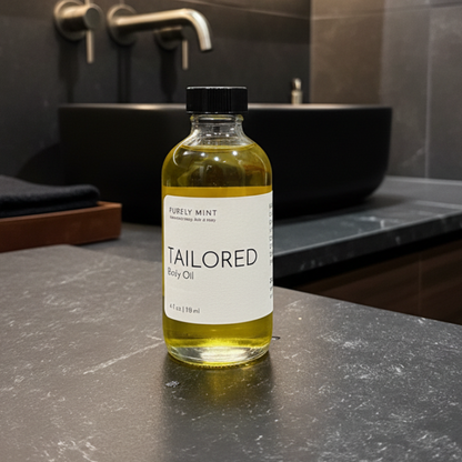 A bottle of Purely Mint Tailored Body Oil stands on a dark stone bathroom counter in front of a black sink, with gray tiled walls and warm underlight in the background.