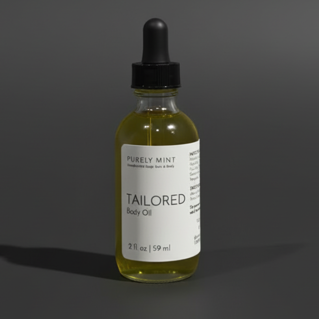 A small glass dropper bottle of body oil with a black cap and white label reading 'PURELY MINT' and 'TAILORED Body Oil,' centered on a dark gray studio background.