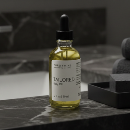 A small glass dropper bottle of body oil with a black cap and white label reading 'PURELY MINT' and 'TAILORED Body Oil,' centered on a dark gray studio background.