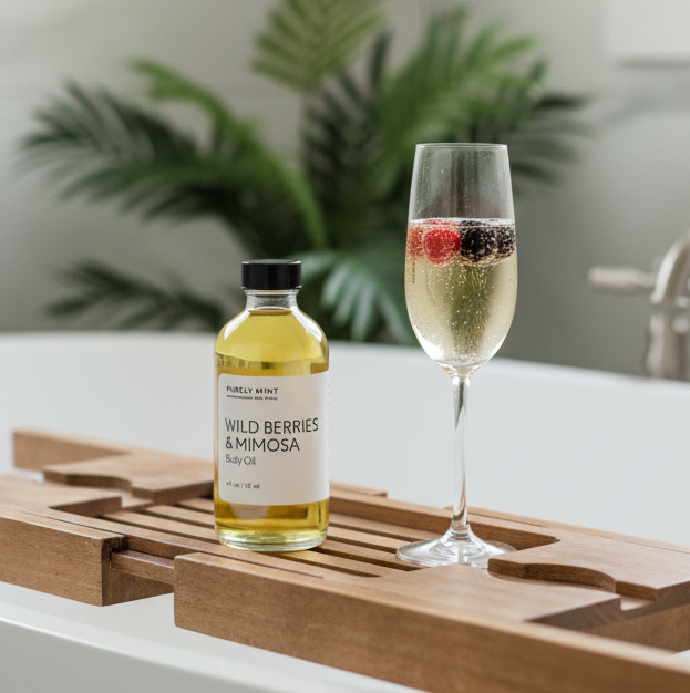 A wooden bathtub caddy holds a small bottle labeled Wild Berries & Mimosa Body Oil and a filled champagne flute in a bright bathroom setting.