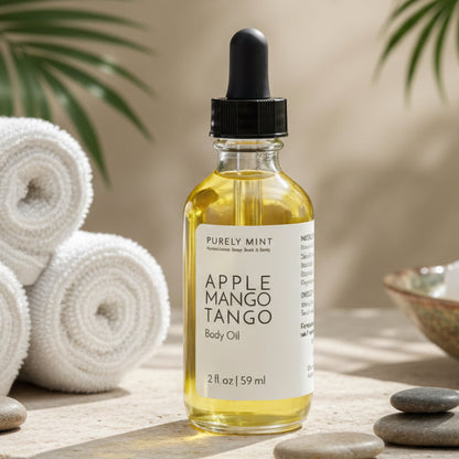 Bottle of Apple Mango Tango body oil in an advertising style shot, soft sun shadow, spa background, green plant,  neutral warm, detailed