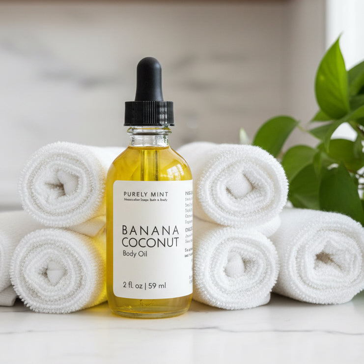 Bottle of Banana coconut body oil in spa setting with white marble counter rolled wash clothes green plant