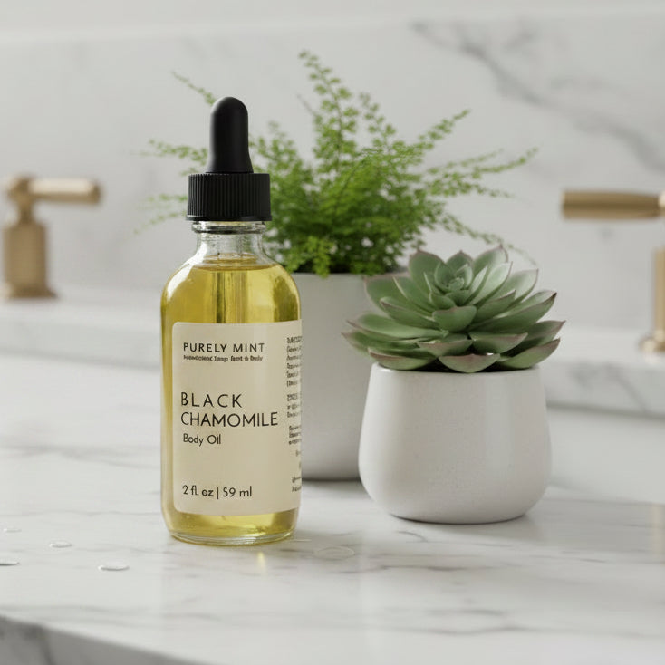 A 2 fl oz glass dropper bottle of Purely Mint Black Chamomile Body Oil sits on a white marble counter. The oil inside is a pale yellow, and the bottle has a white label with a black dropper cap. Green plants and gold faucets are visible in the background. 