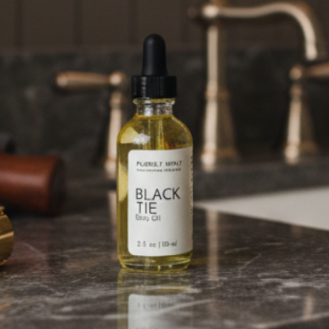 A bottle of Purely Mint 'Black Tie' Body Oil with a black dropper cap stands on a dark gray marble bathroom counter next to a brass safety razor and a wooden shaving soap dish, with a brass faucet in the background.