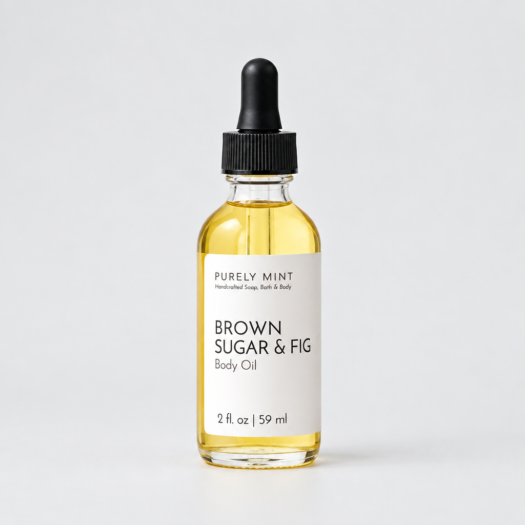 A  bottle of Purely Mint Brown Sugar & Fig body oil, featuring a minimalist label, set against a neutral background to highlight its natural aesthetic.