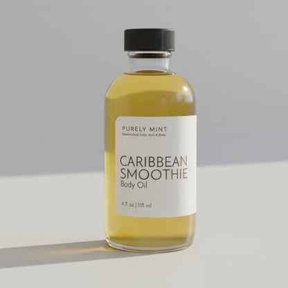 Bottle of 'Caribbean Smoothie' body oil on commercial photography packshot, light gray seamless backdrop, neutral lighting