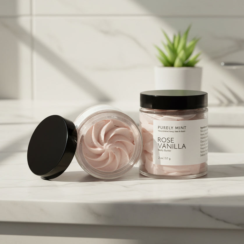 2 jars of Rose Vanilla body butter on a white marble counter with a green plant. one jars shows the swirled pink body butter and the other has a white label and black top.