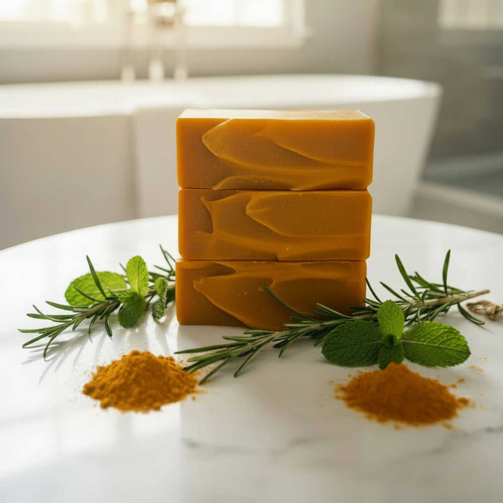 Three stacked bars of orange-yellow rosemary mint turmeric soap on a white marble surface, decorated with rosemary sprigs, mint leaves, and small piles of orange powder, with a softly blurred bathroom background.